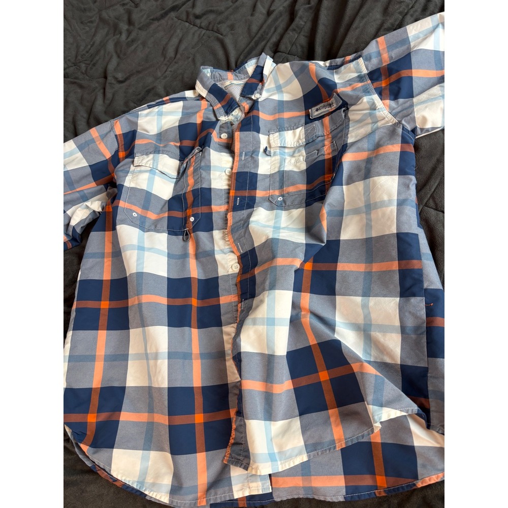 Columbia PFG Mens Large Blue Orange Plaid Performance Fishing Shirt Short Sleeve
